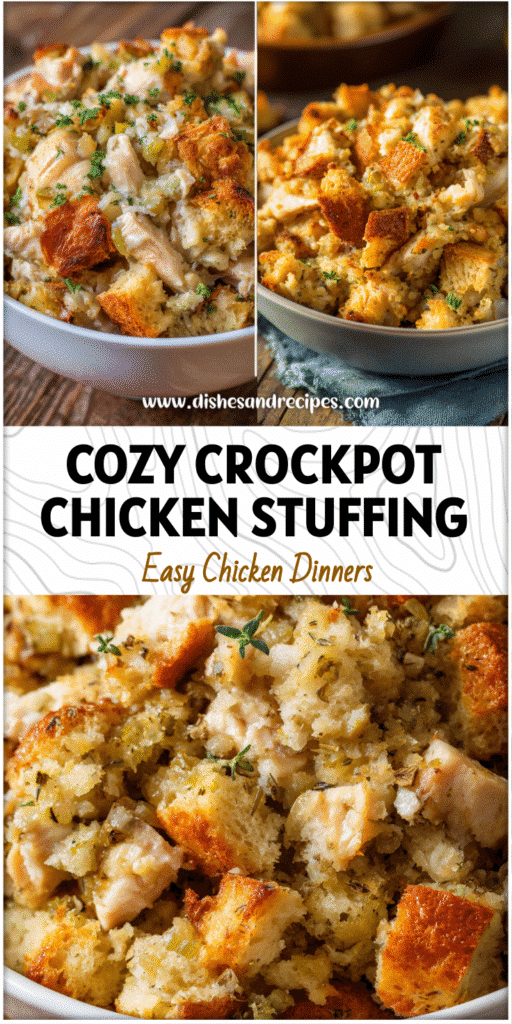Bowl of creamy Crockpot chicken and golden stuffing served as a cozy Thanksgiving Dinner In A Crockpot.